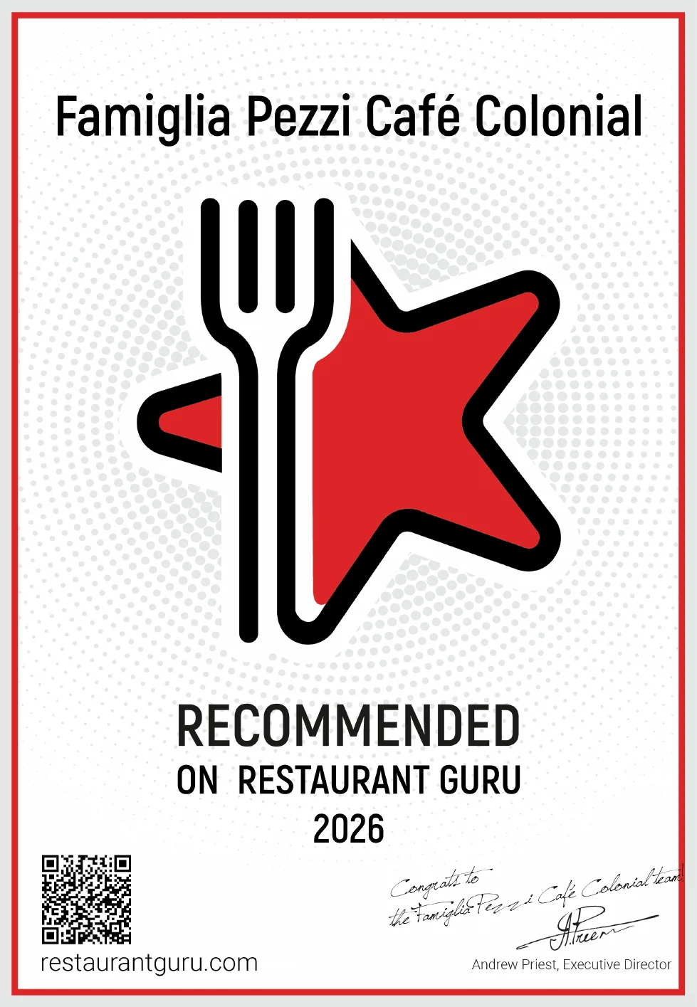Certificado Restaurant Guru Recomendado 2026 da Famiglia Pezzi Café Colonial